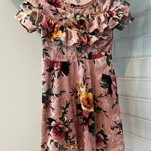 Girls' Pink Floral Velvet Ruffle Dress